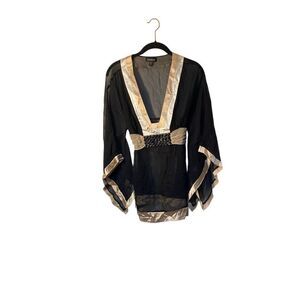 BeBe vintage Y2K, black and gold sheer kimono blouse 100% silk L